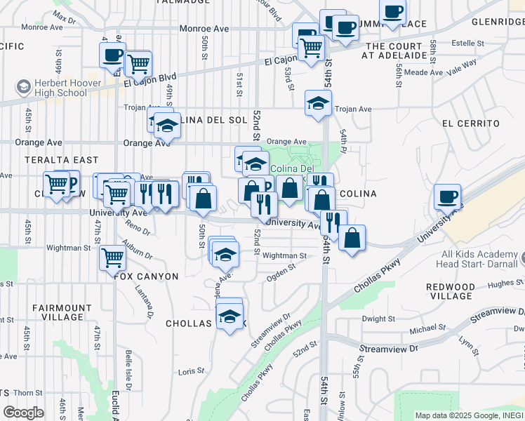 map of restaurants, bars, coffee shops, grocery stores, and more near 5202 University Avenue in San Diego