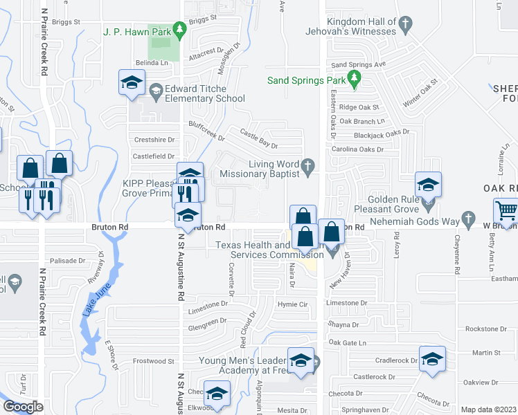 map of restaurants, bars, coffee shops, grocery stores, and more near 9907 Bruton Road in Dallas