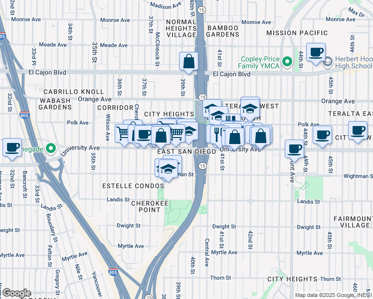map of restaurants, bars, coffee shops, grocery stores, and more near 3951 University Avenue in San Diego