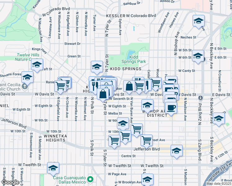 map of restaurants, bars, coffee shops, grocery stores, and more near 736 West Davis Street in Dallas