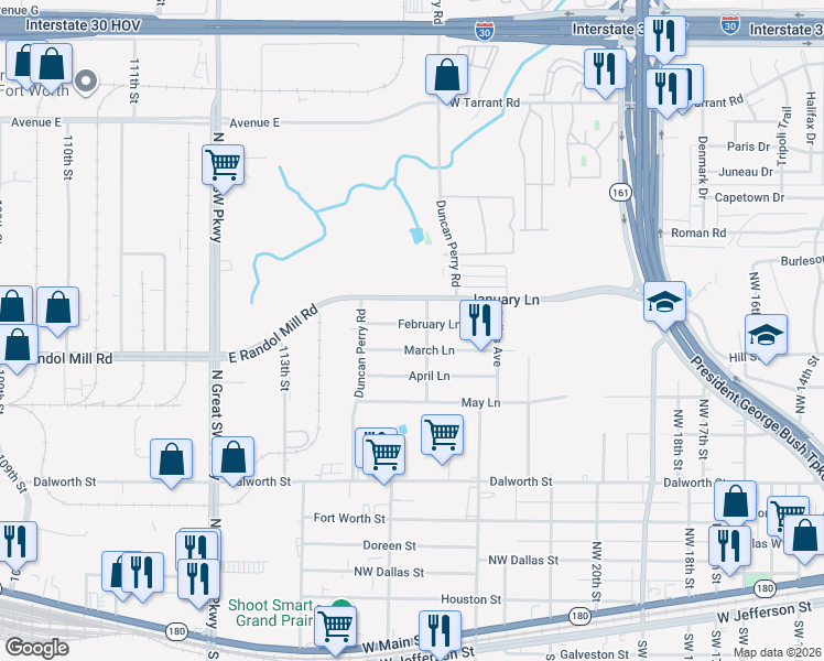 map of restaurants, bars, coffee shops, grocery stores, and more near 2409 February Lane in Grand Prairie
