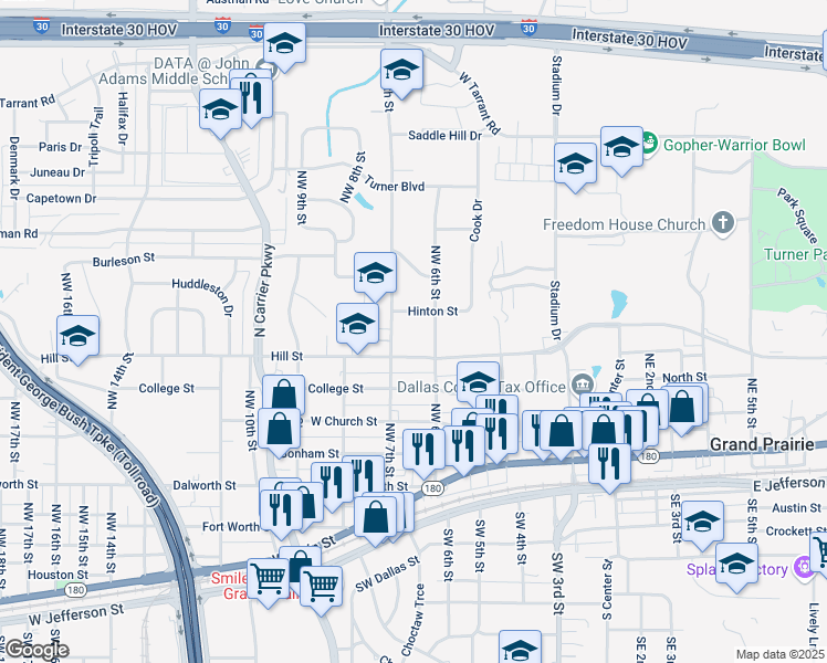 map of restaurants, bars, coffee shops, grocery stores, and more near 717 Northwest 6th Street in Grand Prairie