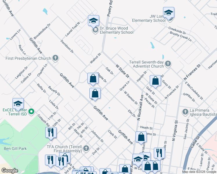 map of restaurants, bars, coffee shops, grocery stores, and more near 316 Elm Drive in Terrell