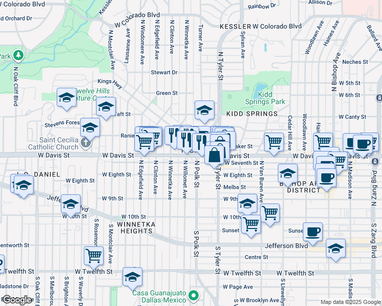 map of restaurants, bars, coffee shops, grocery stores, and more near 1007 West Davis Street in Dallas