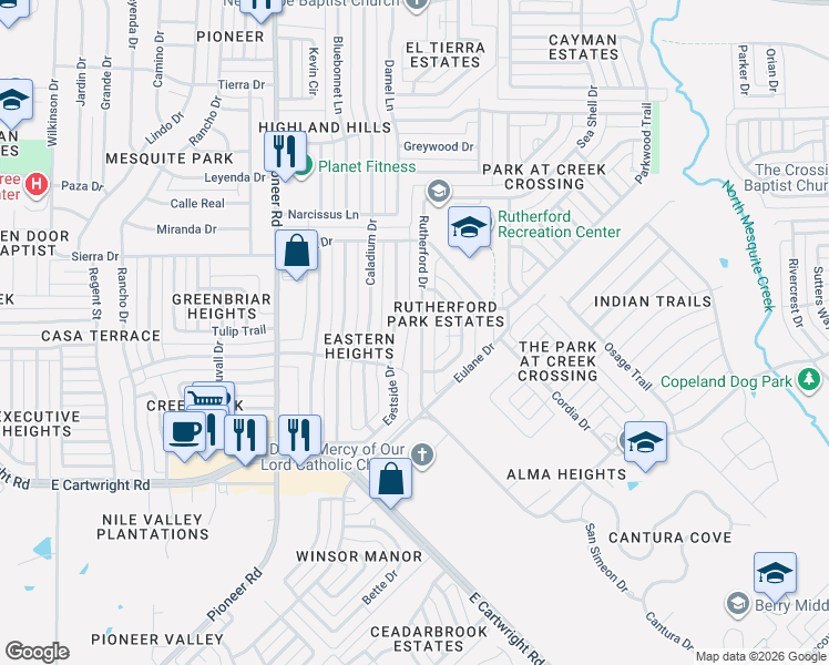 map of restaurants, bars, coffee shops, grocery stores, and more near 1333 Rutherford Drive in Mesquite