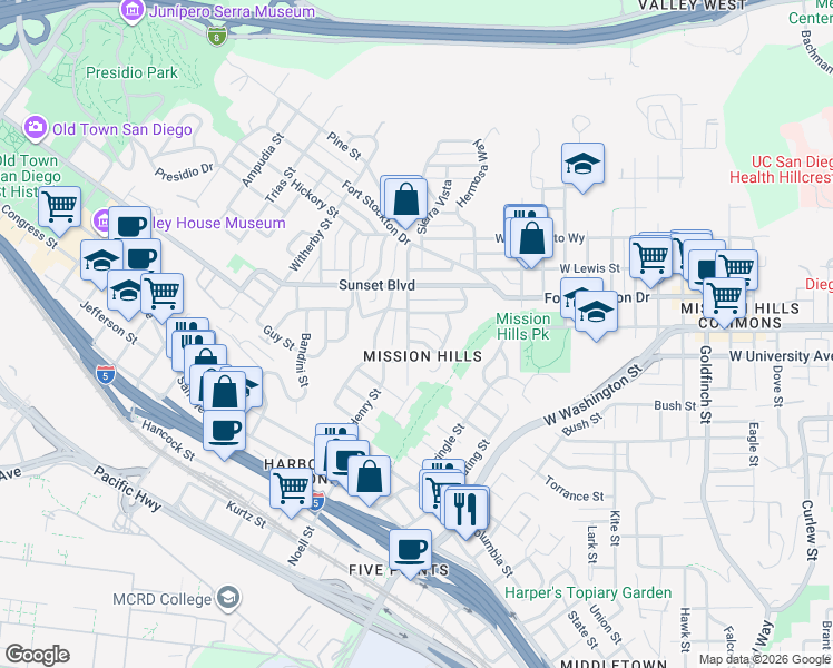 map of restaurants, bars, coffee shops, grocery stores, and more near in San Diego