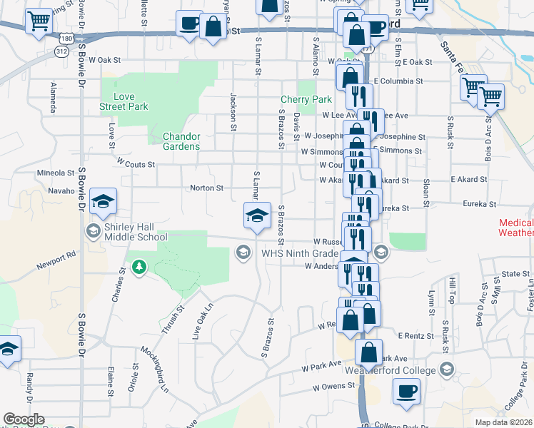 map of restaurants, bars, coffee shops, grocery stores, and more near 409 McCarty Street in Weatherford