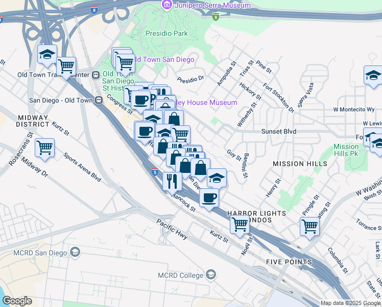 map of restaurants, bars, coffee shops, grocery stores, and more near 2290 Congress Street in San Diego
