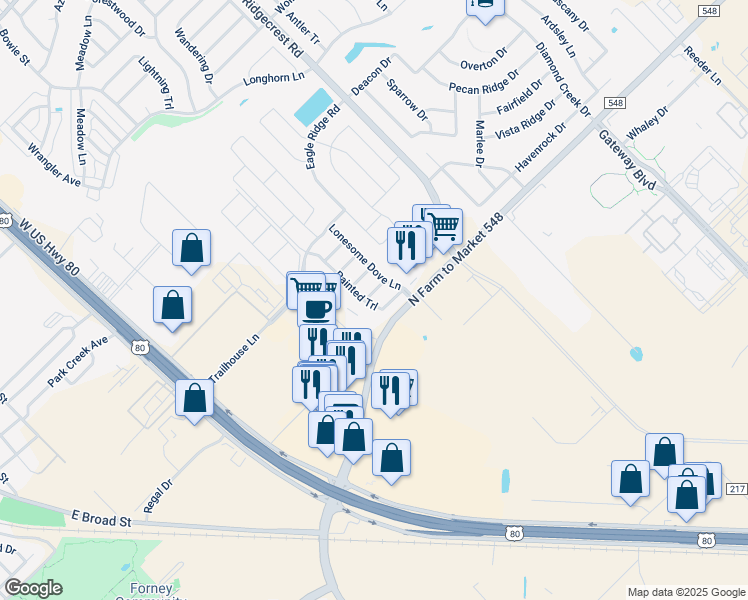 map of restaurants, bars, coffee shops, grocery stores, and more near 107 Drycreek Drive in Forney