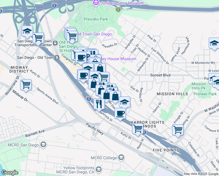 map of restaurants, bars, coffee shops, grocery stores, and more near 2290 Congress Street in San Diego