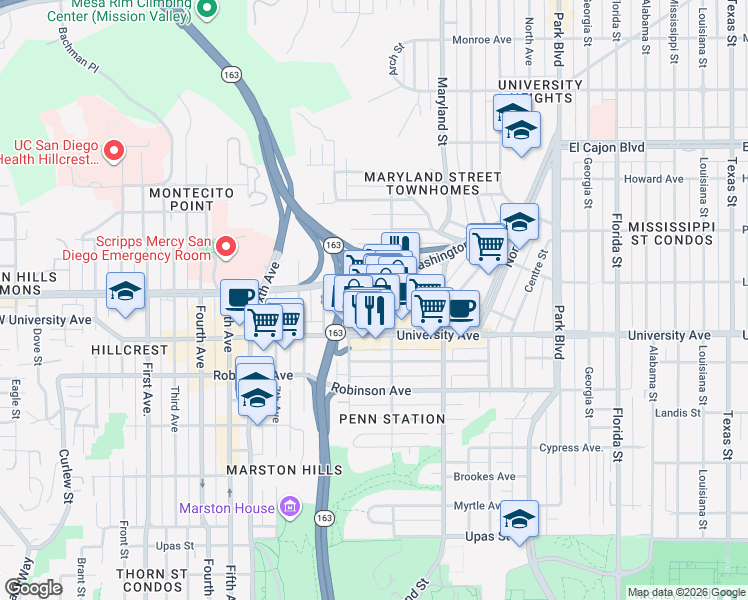 map of restaurants, bars, coffee shops, grocery stores, and more near 1030 University Avenue in San Diego