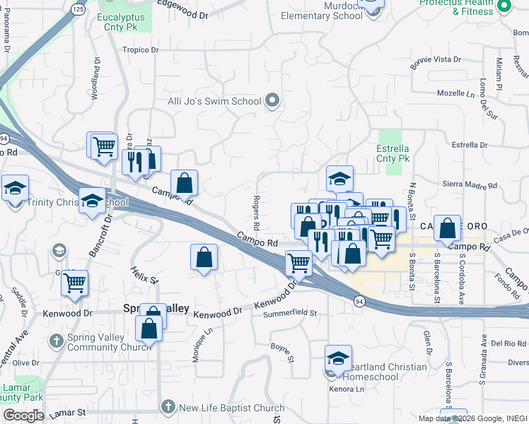 map of restaurants, bars, coffee shops, grocery stores, and more near 3849 Rogers Road in Spring Valley
