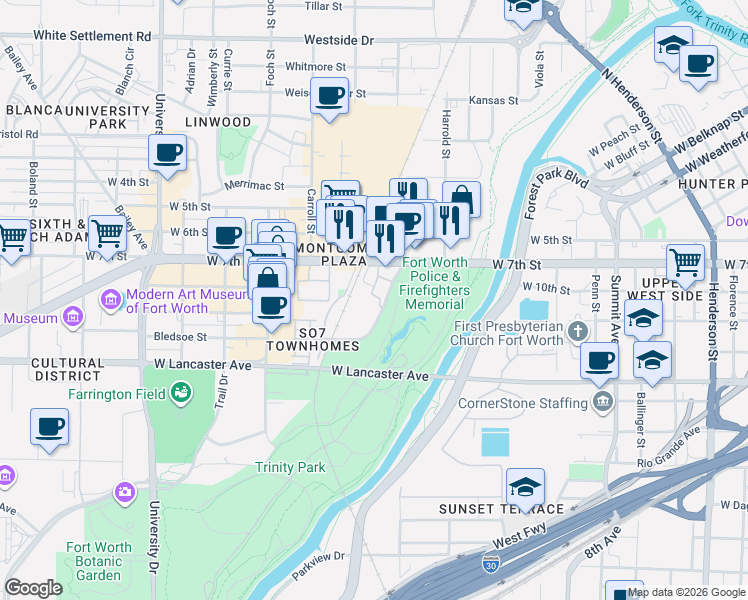 map of restaurants, bars, coffee shops, grocery stores, and more near 900 Matisse Drive in Fort Worth