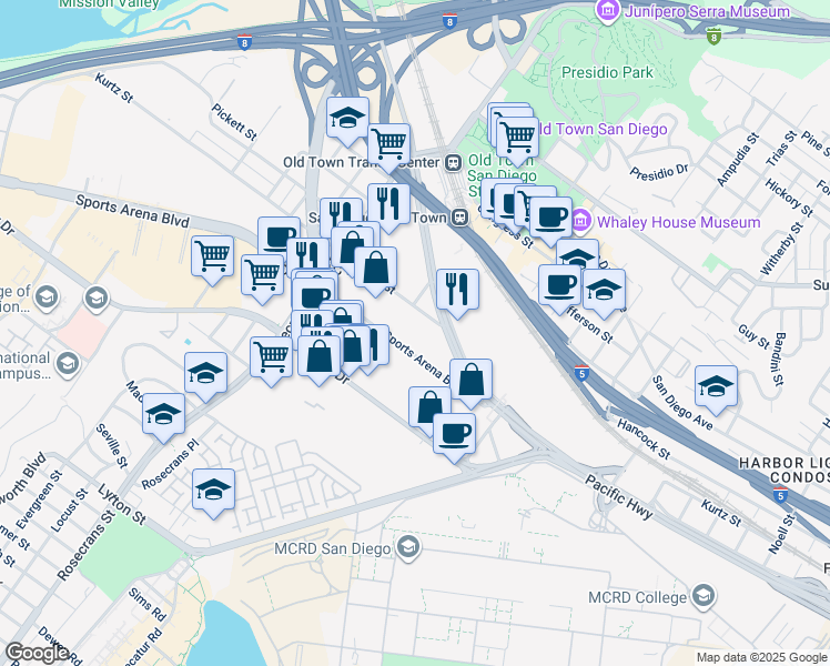 map of restaurants, bars, coffee shops, grocery stores, and more near 2727 Kurtz Street in San Diego