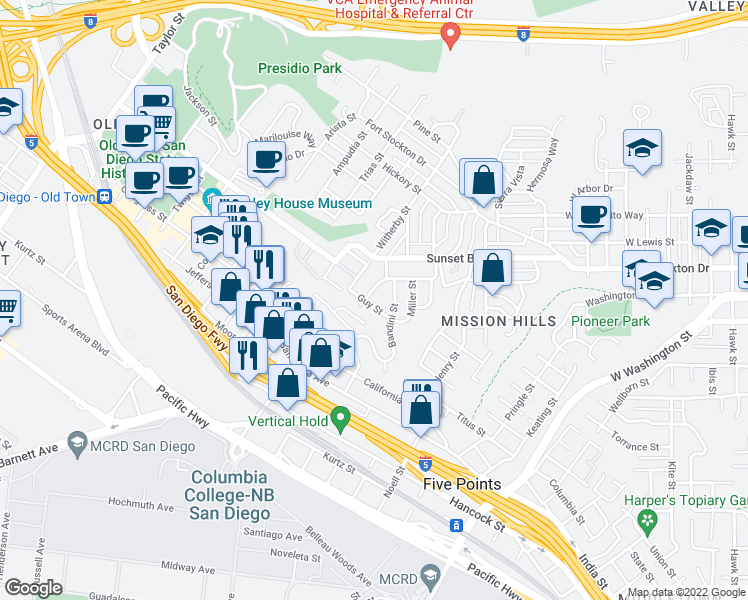map of restaurants, bars, coffee shops, grocery stores, and more near 2136 Guy Street in San Diego