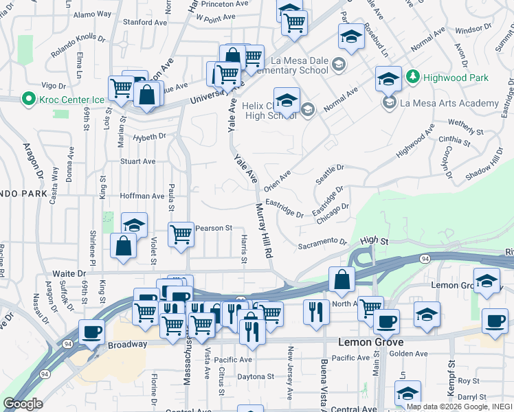 map of restaurants, bars, coffee shops, grocery stores, and more near 3860 Murray Hill Road in La Mesa