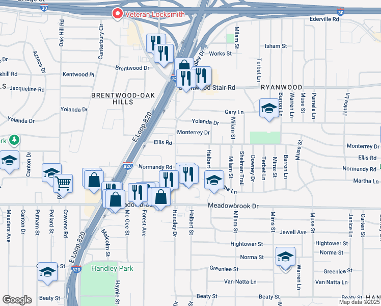 map of restaurants, bars, coffee shops, grocery stores, and more near 6621 Yosemite Drive in Fort Worth