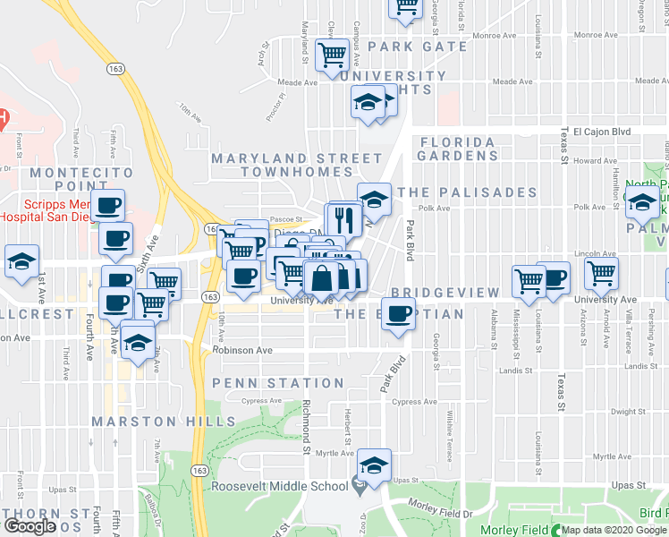 map of restaurants, bars, coffee shops, grocery stores, and more near 1534 Harvey Milk Street in San Diego