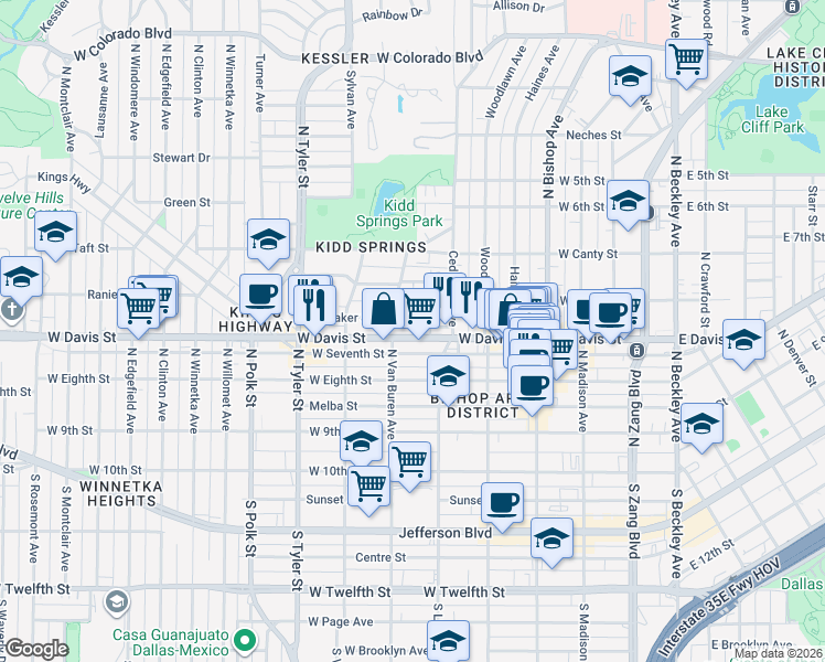 map of restaurants, bars, coffee shops, grocery stores, and more near 633 West Davis Street in Dallas