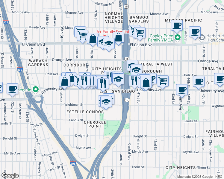 map of restaurants, bars, coffee shops, grocery stores, and more near 3842 University Avenue in San Diego