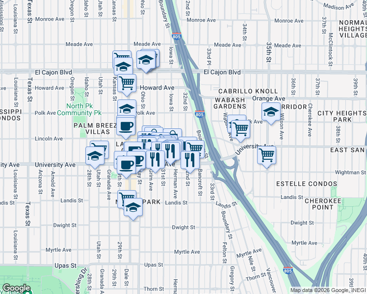 map of restaurants, bars, coffee shops, grocery stores, and more near 3939 Iowa Street in San Diego