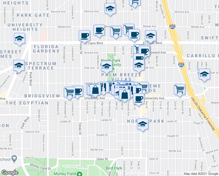map of restaurants, bars, coffee shops, grocery stores, and more near 3955 Oregon Street in San Diego
