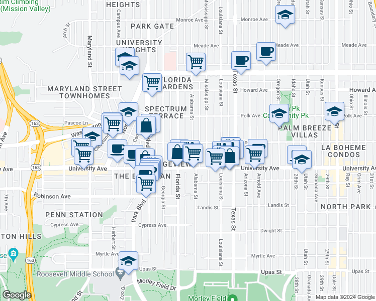 map of restaurants, bars, coffee shops, grocery stores, and more near 3945 Alabama Street in San Diego