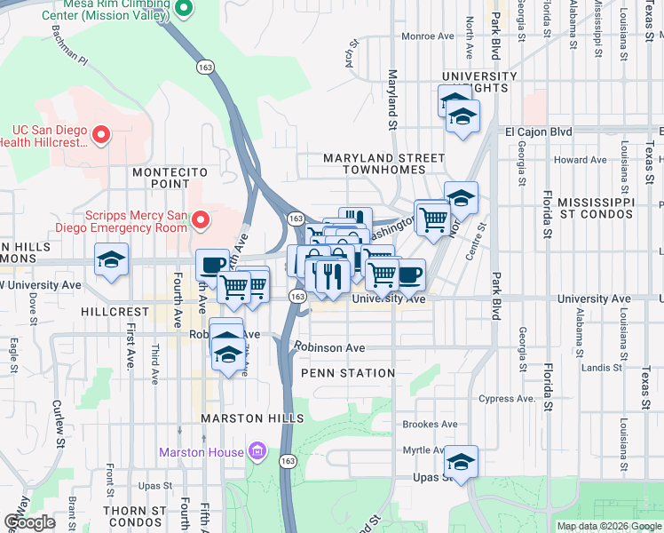 map of restaurants, bars, coffee shops, grocery stores, and more near 1030 University Avenue in San Diego