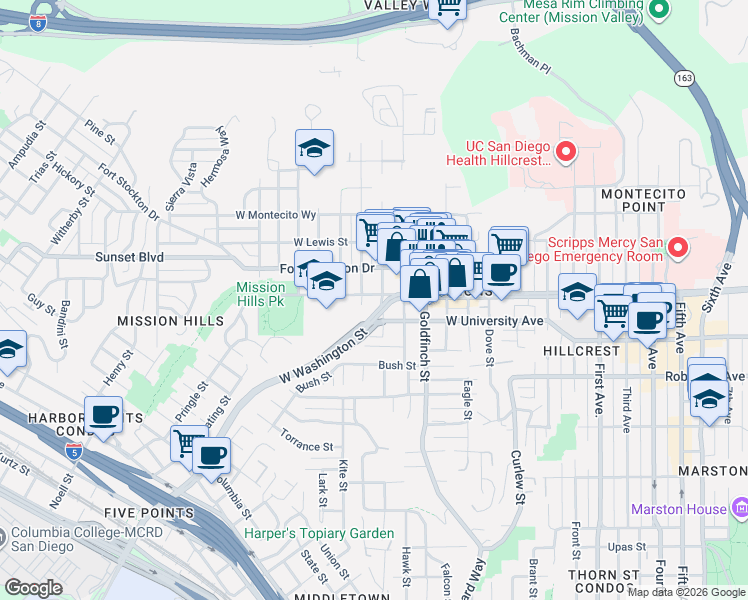 map of restaurants, bars, coffee shops, grocery stores, and more near 3975 Jackdaw Street in San Diego