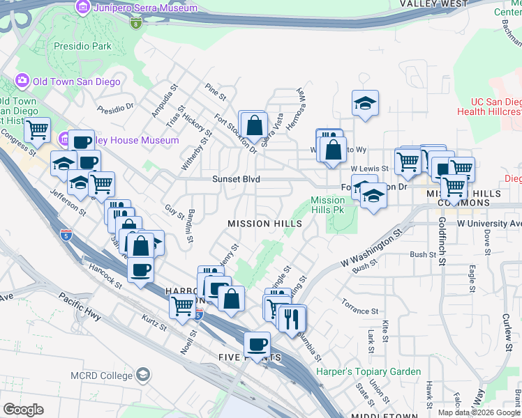 map of restaurants, bars, coffee shops, grocery stores, and more near in San Diego