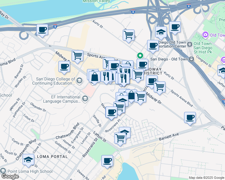 map of restaurants, bars, coffee shops, grocery stores, and more near 3175 Cauby Street in San Diego