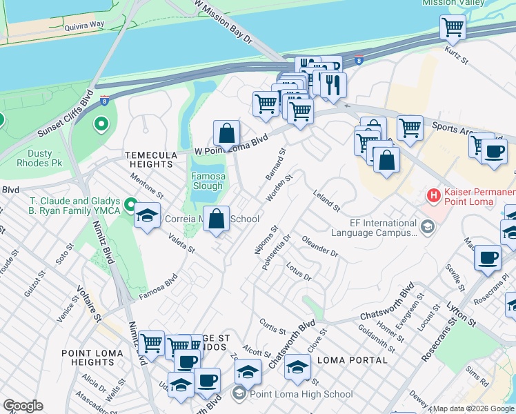 map of restaurants, bars, coffee shops, grocery stores, and more near 2772 Worden Street in San Diego