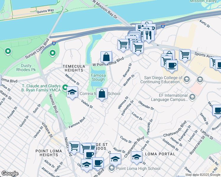 map of restaurants, bars, coffee shops, grocery stores, and more near 2721 Adrian Street in San Diego
