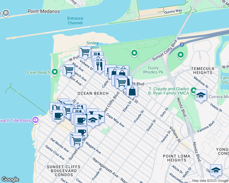 map of restaurants, bars, coffee shops, grocery stores, and more near 4839 Muir Avenue in San Diego