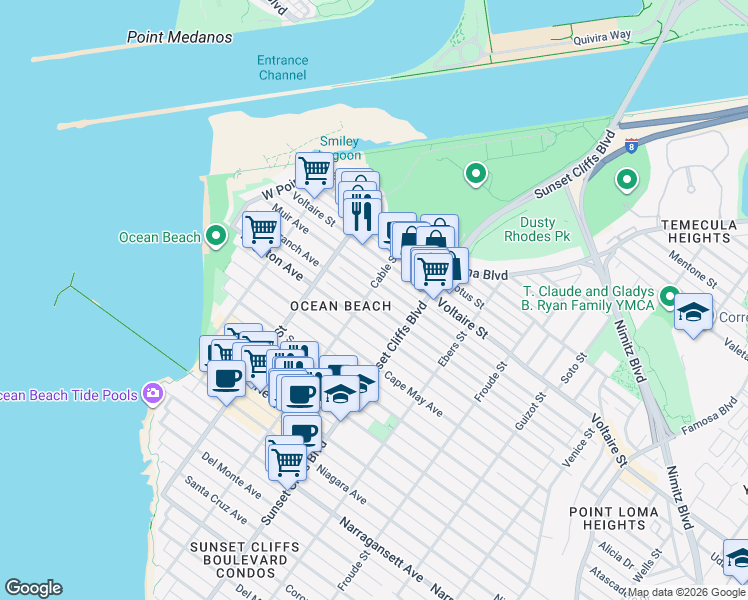 map of restaurants, bars, coffee shops, grocery stores, and more near 2121 Cable Street in San Diego