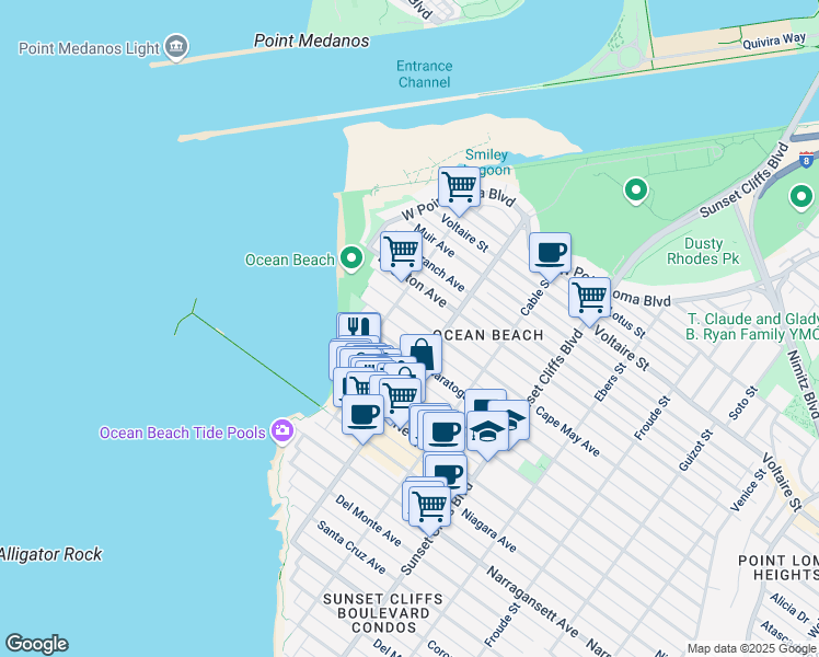 map of restaurants, bars, coffee shops, grocery stores, and more near 5060 Saratoga Avenue in San Diego