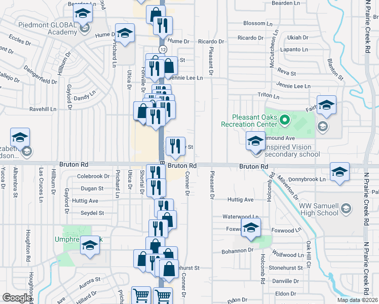 map of restaurants, bars, coffee shops, grocery stores, and more near 8145 Bruton Road in Dallas