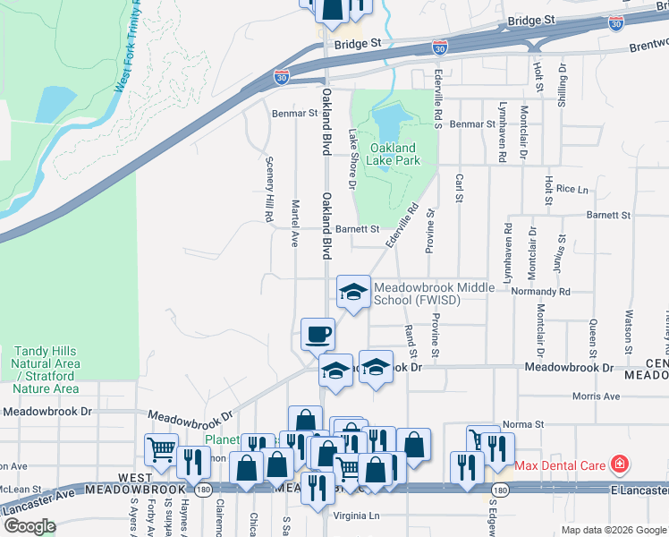 map of restaurants, bars, coffee shops, grocery stores, and more near 1841 Oakland Boulevard in Fort Worth