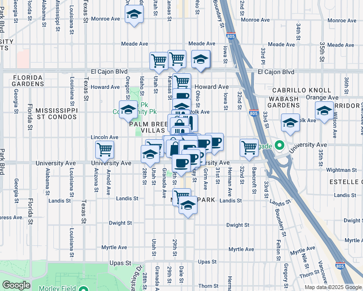 map of restaurants, bars, coffee shops, grocery stores, and more near 2922 University Avenue in San Diego