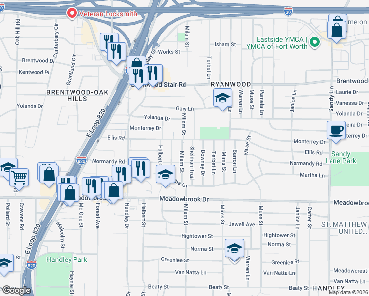 map of restaurants, bars, coffee shops, grocery stores, and more near 1959 Milam Street in Fort Worth