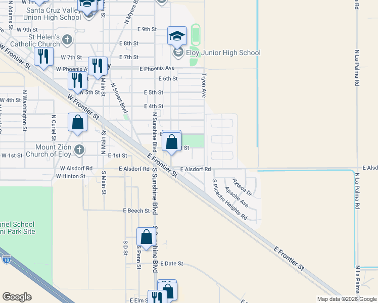 map of restaurants, bars, coffee shops, grocery stores, and more near 413 East 1st Street in Eloy