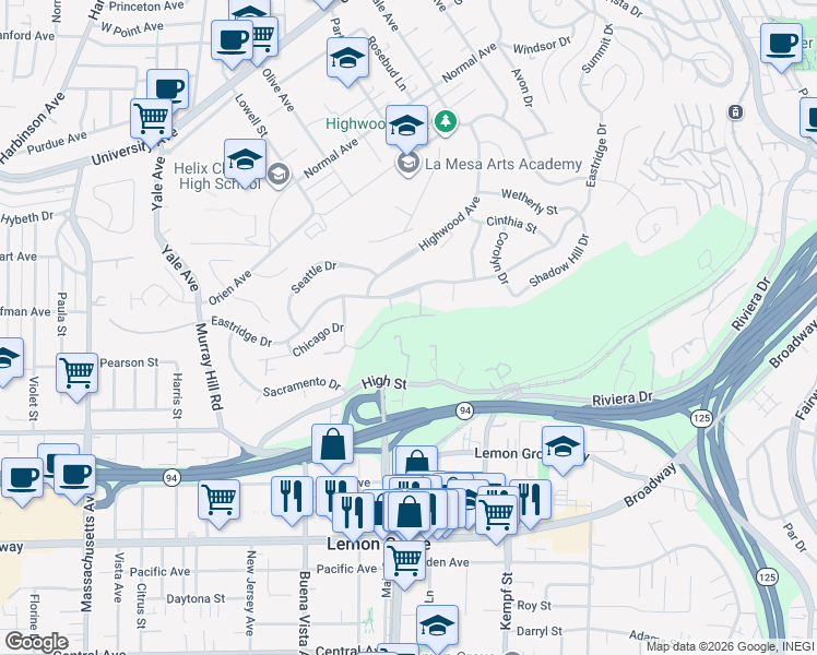 map of restaurants, bars, coffee shops, grocery stores, and more near 3850 Costa Bella Drive in La Mesa