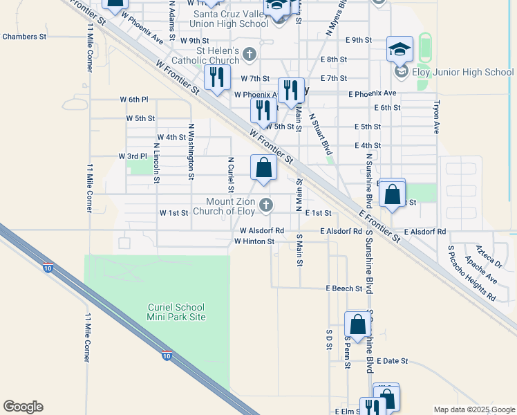 map of restaurants, bars, coffee shops, grocery stores, and more near 202 West 1st Street in Eloy