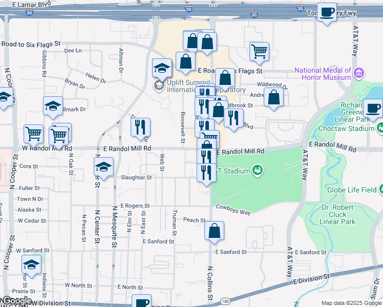 map of restaurants, bars, coffee shops, grocery stores, and more near 700 East Randol Mill Road in Arlington