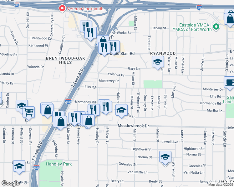 map of restaurants, bars, coffee shops, grocery stores, and more near 6713 Yosemite Drive in Fort Worth