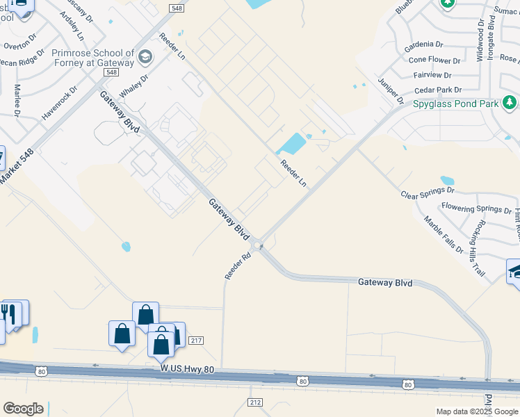 map of restaurants, bars, coffee shops, grocery stores, and more near 1405 Gateway Boulevard in Forney
