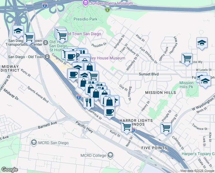 map of restaurants, bars, coffee shops, grocery stores, and more near 2235 Linwood Street in San Diego