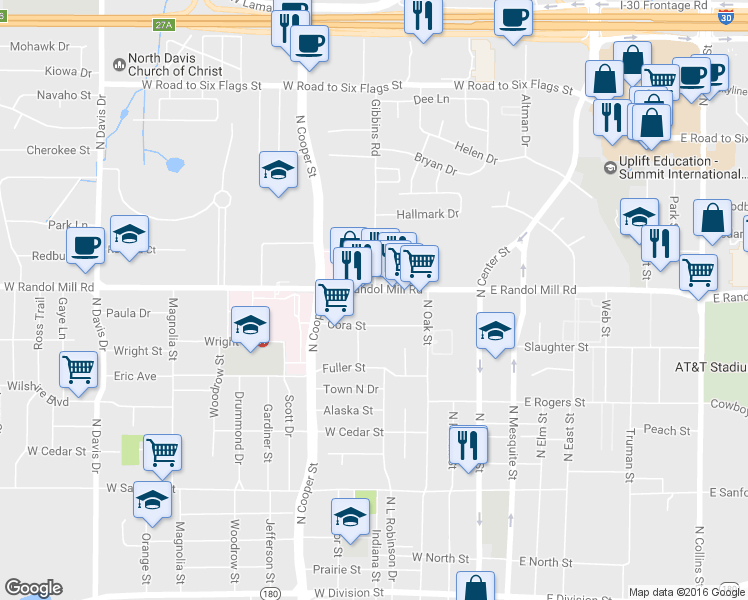 map of restaurants, bars, coffee shops, grocery stores, and more near 418 West Randol Mill Road in Arlington