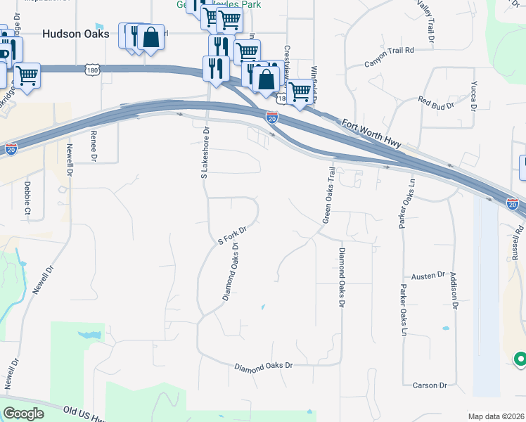 map of restaurants, bars, coffee shops, grocery stores, and more near 137 South Fork Drive in Hudson Oaks