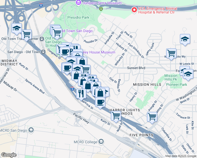 map of restaurants, bars, coffee shops, grocery stores, and more near in San Diego